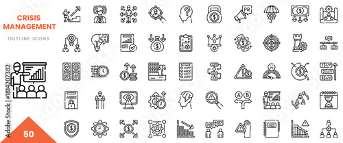 Collection of outline icons representing crisis management concepts and tools.