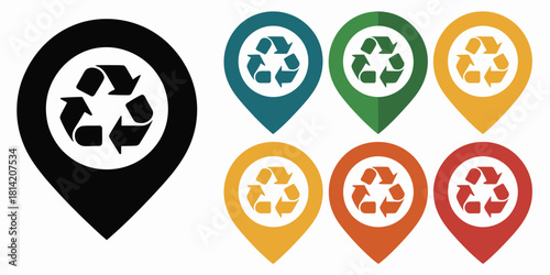 Collection of colorful location pins with recycling symbol for eco friendly concept