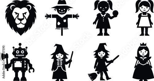 Silhouette icons of lion head robot scarecrow girl witch princess with broom vector illustration