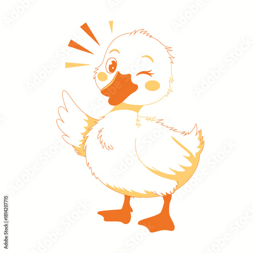 Cute cartoon baby duckling with orange beak and blush cheeks waving hello