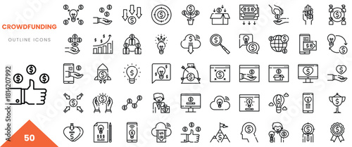 Collection of crowdfunding outline icons illustrating financial themes and ideas.