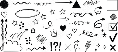 Hand drawn doodle elements collection with arrows shapes stars hearts and checkmarks