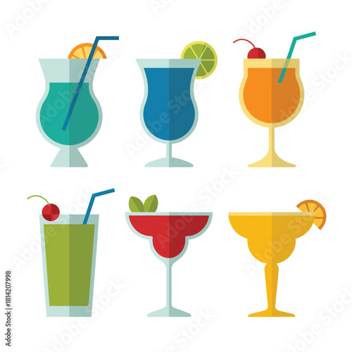 Collection of colorful flat design cocktails with garnishes and straws