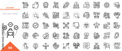 Set of 50 line icons representing Customer Relationship Management concepts and tools.