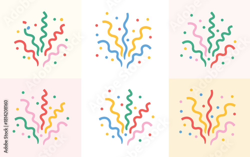 Collection of six colorful confetti and streamer bursts on pastel backgrounds