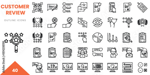 A collection of 40 outline icons representing customer reviews and feedback processes.