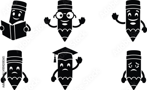 Cartoon pencil characters expressing different emotions and activities in black silhouette style vector illustration