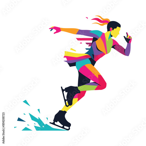 Dynamic figure skater gracefully gliding, colorful geometric design conveys energy and speed, perfect for sports marketing and athletic lifestyle brands