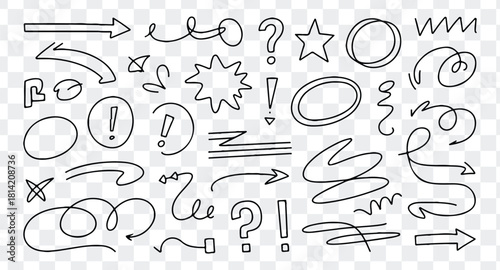 Collection of hand drawn doodle arrows, symbols, shapes, question mark, exclamation mark, star, and circle outline elements