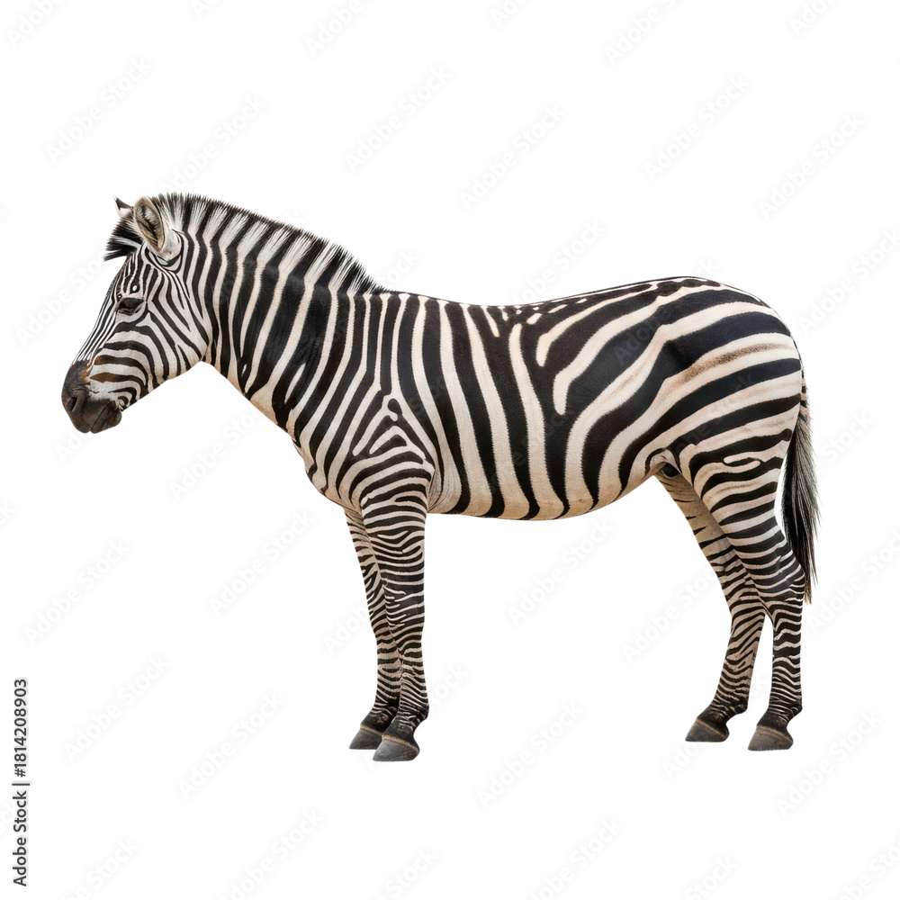Obraz premium Striking full body profile of a majestic zebra standing calmly isolated on transparent background