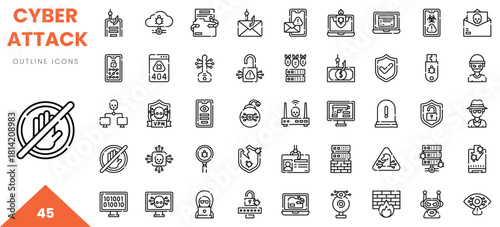 Various cyber attack outline icons, including security symbols and hacker illustrations.