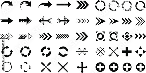 Arrow icon set, directional vector graphic, black white arrows, curved straight chevron, rotation symbol design, UI navigation elements