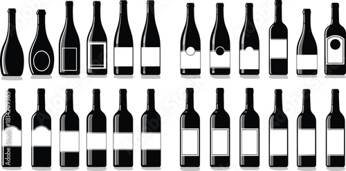 Wine bottle icon, label design vector, packaging illustration, black silhouette wine, branding bottle shapes, alcohol container graphic set