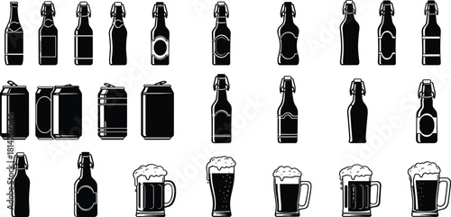 Beer bottle icon, beer can vector, beer mug illustration, foam glass graphic, black white beer container, pub drink symbols