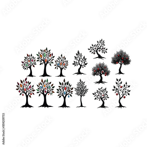 Whimsical trees growing jewels and fruit in enchanted forest.