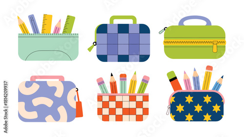 Collection of colorful pencil cases and pencil holders filled with art supplies