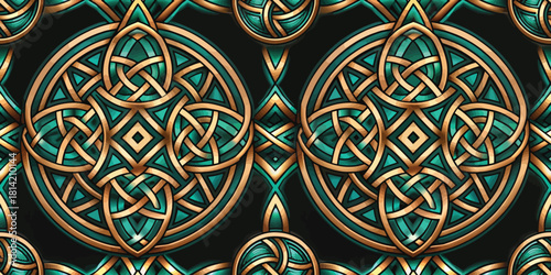 Intricate Celtic knot pattern in teal and gold tones, creating a mesmerizing and harmonious design.