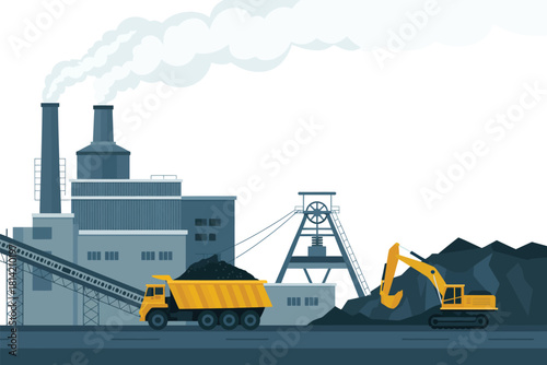 Coal mining operation with power plant and heavy machinery
