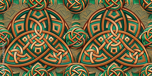 Intricate gold and green Celtic knot pattern design, showcasing timeless craftsmanship and cultural heritage.