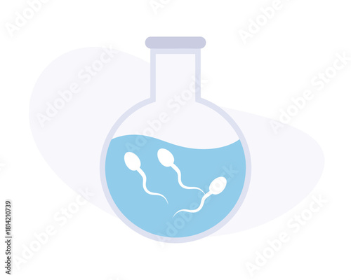 Sperm cells in a laboratory flask with blue liquid and abstract background