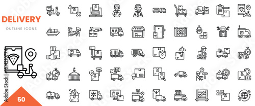 A collection of 50 outline icons depicting various delivery services and logistics.