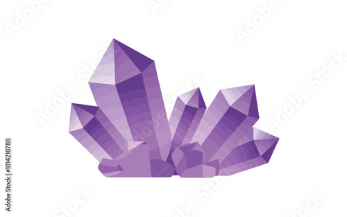 Cluster of vibrant purple amethyst crystals on a white background