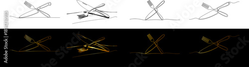 Artistic depiction of cutlery, a fork and knife, in various arrangements, with contrasting lighting.