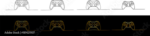 A set of four different video game controllers drawn in a continuous single line style, on both black and white backgrounds.
