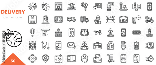 Set of delivery-themed outline icons featuring various transportation modes and logistics elements.