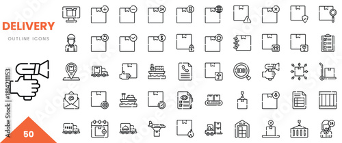 Set of 50 delivery outline icons depicting various shipping and logistics symbols.