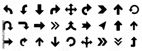 Arrows glyph icon set. Vector pictograms of direction, pointer, turn, move, return, rotate, black sign silhouette, vector illustration