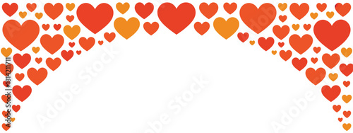 Archway of red and orange hearts on white background