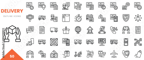 Set of delivery outline icons featuring various shipping and logistics elements.