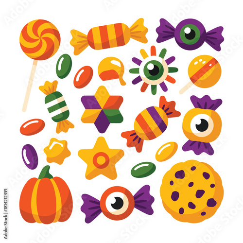 Collection of halloween candies and treats with pumpkin and cookie