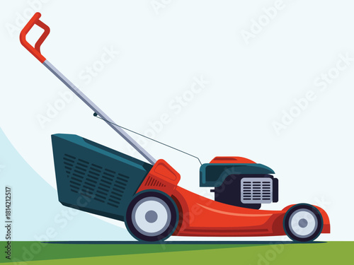 Orange lawn mower with grass catcher on a green lawn
