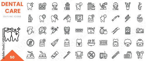 Variety of dental care icons, including tools and hygiene products, ideal for medical designs.