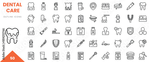 A collection of dental care outline icons showcasing various dental tools and hygiene products.