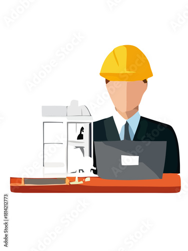 Architectural design and planning with a professional engineer at a desk with blueprints and laptop