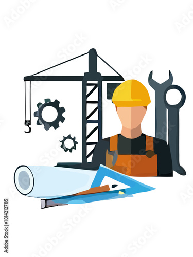 Concept of the construction industry with a builder, engineer tools, crane, and architectural blueprints