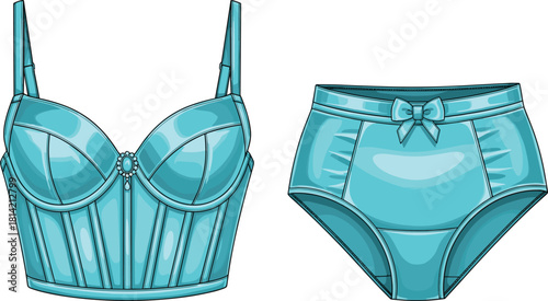 Glamorous longline corset lingerie set illustration, high-waist briefs, satin bustier vector art, aqua luxury fashion graphic design.