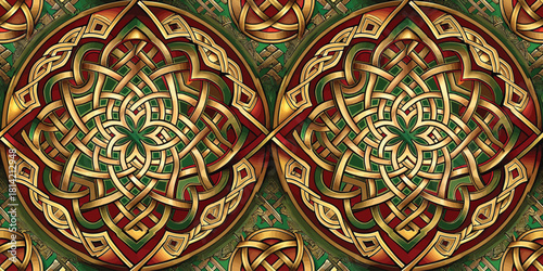 Intricate symmetrical design with warm colors and complex patterns, evoking a sense of harmony and balance.