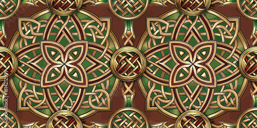 Intricate Celtic pattern featuring shades of green and gold on a rich brown background.