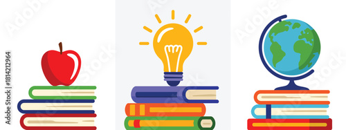 Stack of books with apple lightbulb and globe representing education and knowledge