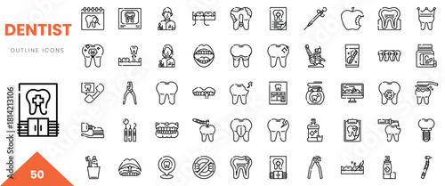 A collection of dentist outline icons, showcasing various dental tools and treatments.