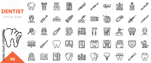 A collection of 50 outline icons related to dentistry, showcasing various dental tools and symbols.