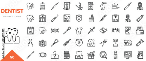 A collection of 50 outlined dental icons depicting various dental tools and services.