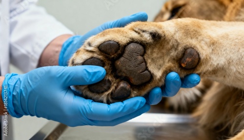 A veterinarian wearing blue gloves closely inspects the paw pads of a large cat, such as a lion or tiger, during a medical check-up.