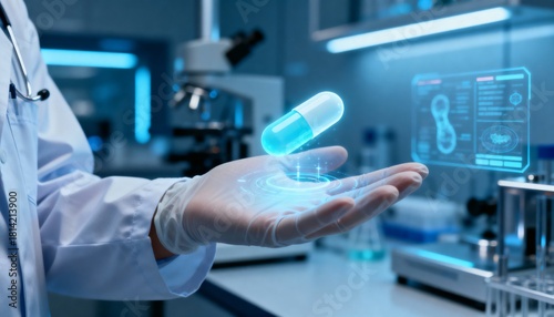 A scientist's hand holds a floating holographic medicine capsule and displays digital research data in a high-tech laboratory.