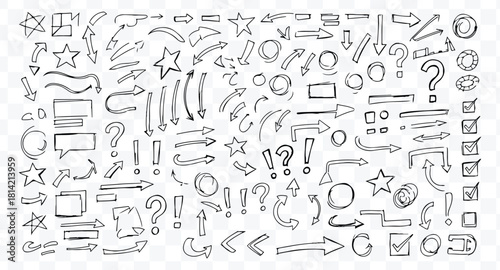 Collection of hand drawn sketch arrows, shapes, stars, question mark, exclamation mark, and checkbox elements