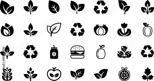 Nature, food, and recycling icons set, environmental concepts Vector